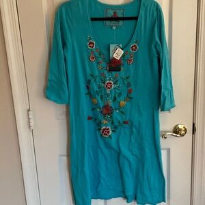 NWT JOHNNY WAS LARGE TURQUOISE DRESS FLORAL EMBROIDERY FROM NEIMAN MARCUS